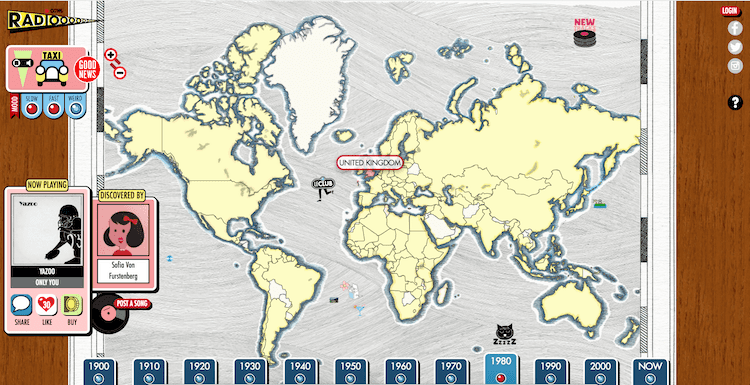 Radiooooo loại bỏ hoàn toàn thể loại nhạc và nhắc người dùng chọn nhạc theo thời gian và vị trí địa lý.